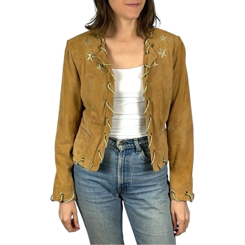 VINTAGE APART GOAT SUEDE LEATHER SATIN STAR GOLD TRIMMED PATRIOTIC BAND JACKET